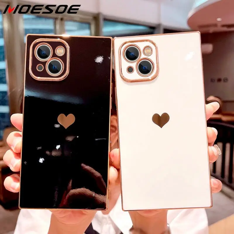 Plating Love Heart silikoninis dėklas, skirtas iPhone 13 12 Pro Max 11 XS XR X 7 8 Plus SE 2020 2022 Smūgiams atsparus buferis Minkštas dangtelis Fundas